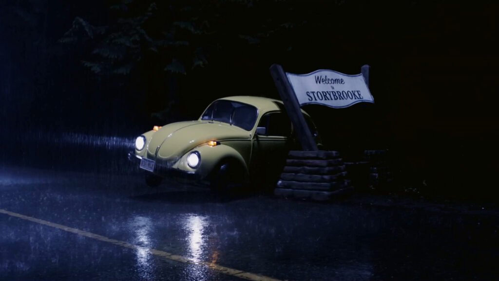 Emma Swan's yellow bug hits the Storybrooke town sign