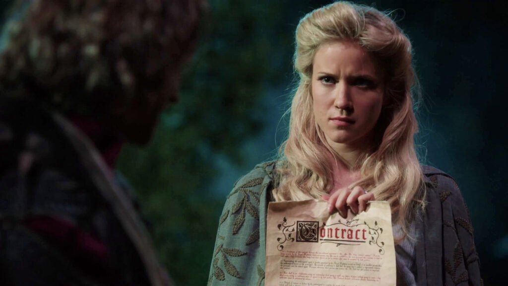 Cinderella presents a contract to Rumplestiltskin
